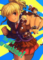  3boys 4girls androgynous asmodeus_(umineko) black_hair blonde_hair brown_hair chibi clenched_hands commentary_request english_text foreshortening furutachirikonbu grey_eyes grin hat kanon_(umineko) maid multiple_boys multiple_girls necktie one_eye_closed ponytail punching shannon_(umineko) smile stakes_of_purgatory star_(symbol) twintails umineko_no_naku_koro_ni ushiromiya_jessica ushiromiya_krauss ushiromiya_lion ushiromiya_natsuhi 