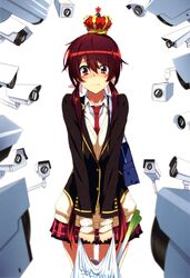  absurdres bag blazer brown_hair camera crown embarrassed female highres jacket joukamachi_no_dandelion kasuga_ayumu_(haruhipo) long_hair low_twintails necktie plaid plaid_skirt plastic_bag red_eyes sakurada_akane school_uniform shopping_bag skirt solo sweater twintails wavy_mouth 