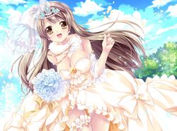  breasts brown_eyes brown_hair byruu cleavage garter long_hair love_live!_school_idol_project minami_kotori tiara wedding_attire 