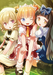  3girls :d ;d blonde_hair blue_eyes bobby_socks brown_hair chaba_(hortensia) chestnut_mouth commentary_request dress drill_hair long_hair luna_child mary_janes multiple_girls no_wings oerba_yun_fang one_eye_closed open_mouth orange_hair red_eyes shoes short_hair smile socks star_sapphire sunny_milk touhou yellow_eyes 