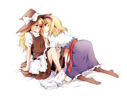  2girls alice_margatroid arm_support bad_link bare_legs barefoot bed_sheet between_legs blonde_hair bloomers bloomers_around_one_leg blue_eyes blush face-to-face feet grabbing_another&#039;s_hair hairband hat imminent_kiss kiji_(manekinuko-tei) kirisame_marisa kneeling long_hair multiple_girls short_hair simple_background sitting touhou underwear witch_hat yellow_eyes yuri 