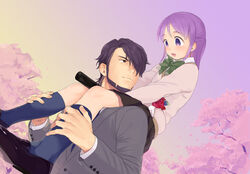  1boy bad_id bad_pixiv_id beard carrying diploma facial_hair father_and_daughter female graduation hair_over_one_eye higebu highres inazuma_eleven inazuma_eleven_(series) kudou_fuyuka kudou_michiya long_hair open_mouth photoshop_(medium) purple_eyes purple_hair school_uniform shoulder_carry tube 