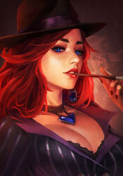  absurdres bra breasts choker cigarette_holder cleavage commentary crime_city_miss_fortune earrings english_commentary eyelashes eyeliner female heart_pendant highres jewelry lace lace-trimmed_bra lace_trim large_breasts league_of_legends lips lipstick long_hair looking_at_viewer makeup making-of_available miss_fortune_(league_of_legends) monori_rogue nose paid_reward_available pendant photoshop_(medium) pinstripe_pattern red_hair smoke smoking solo striped thick_eyebrows underwear 