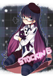  bad_id bad_pixiv_id beret bespectacled blue_eyes breasts colored_inner_hair female glasses hat honekoneko_(psg) multicolored_hair panty_&amp;_stocking_with_garterbelt pun2 solo stocking_(psg) striped_clothes striped_thighhighs stuffed_animal stuffed_cat stuffed_toy thighhighs two-tone_hair 