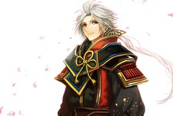  armor bangs closed_mouth crying crying_with_eyes_open grey_eyes grey_hair japanese_armor japanese_clothes light_background long_hair long_sleeves looking_at_viewer low_ponytail male_focus md5_mismatch nana_(nanalog76) parted_bangs petals ponytail sad sanada_nobuyuki_(sengoku_musou) sengoku_musou simple_background smile solo tears white_background wind 