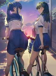  2girls ass backlighting bag bare_legs bicycle bicycle_basket black_hair blue_eyes blue_skirt blunt_bangs breasts closed_mouth cloud evening feet_out_of_frame from_behind gradient_sky guratan kneepits large_breasts leaning_forward long_hair looking_at_viewer looking_back looking_to_the_side multiple_girls neckerchief original outdoors parted_lips ponytail red_eyes red_neckerchief road see-through shirt short_sleeves sidelocks sitting skirt sky street sunlight tareme wall white_shirt 