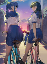  2girls ass backlighting bag bare_legs bicycle bicycle_basket black_hair blue_eyes blue_skirt blunt_bangs breasts closed_mouth cloud commentary evening feet_out_of_frame from_behind gradient_sky guratan kneepits leaning_forward long_hair looking_at_viewer looking_back looking_to_the_side medium_breasts multiple_girls neckerchief original outdoors parted_lips photoshop_(medium) ponytail red_eyes red_neckerchief road see-through shirt short_sleeves sidelocks sitting skirt sky street sunlight tareme wall white_shirt 