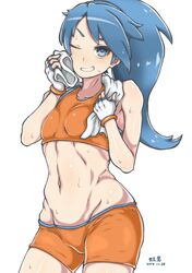  bad_id bad_pixiv_id battle_girl_(pokemon) bike_shorts blue_eyes blue_hair dated female fingerless_gloves flat_chest gloves grin kaeru_otoko midriff navel one_eye_closed orange_shirt pokemon pokemon_oras shirt smile solo sports_bra sweat toned towel towel_around_neck 