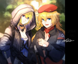  2girls ak-47 ak-47_(girls&#039;_frontline) ak-74u_(girls&#039;_frontline) aks-74u assault_rifle beret blonde_hair blue_eyes breasts cigarette cleavage commentary_request forest girls&#039;_frontline gun hat highres hood hooded_jacket hoodie jacket kalashnikov_rifle multiple_girls mush nature rifle signature smoking weapon 