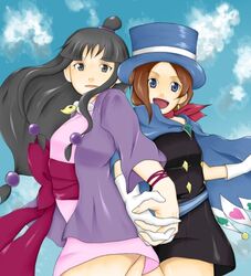  2girls ayasato_mayoi back-to-back back_to_back capcom cape gyakuten_saiban gyakuten_saiban hand_holding hat japanese_clothes lion_(macross_frontier) long_hair macross macross_frontier magatama multiple_girls naruhodou_minuki parody top_hat 