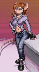  2018 80&#039;s_theme alternative_fashion anthro belt bottomwear breasts button_(fastener) chip_&#039;n_dale_rescue_rangers clothing denim denim_bottomwear denim_clothing digital_media_(artwork) disney ear_piercing female footwear front_view full-length_portrait gadget_hackwrench glamrock gloves hair handwear hi_res jacket jeans lord_magicpants mammal midriff mouse murid murine navel pants piercing pockets portrait retro retrosynth rodent shirt shoe_laces shoelaces shoes simple_background sneakers solo straining_buttons synthwave topwear whiskers 