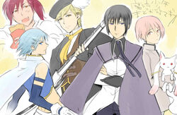  5boys akemi_homura akemi_homura_(magical_girl) black_hair blonde_hair blue_eyes blue_hair brown_eyes cape commentary_request crossed_arms detached_sleeves fingerless_gloves genderswap_(ftm) gloves hair_ornament hairclip hat kaname_madoka kyuubee magical_boy mahou_shoujo_madoka_magica mahou_shoujo_madoka_magica_(anime) male_focus miki_sayaka miki_sayaka_(magical_girl) multiple_boys oerba_yun_fang pink_eyes pink_hair red_hair rule_63 sakura_kyoko tomoe_mami tomoe_mami_(magical_girl) tori_(driftwood) translated yellow_eyes 