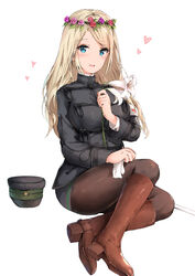  absurdres bad_id bad_pixiv_id blonde_hair blue_eyes blush boots breasts brown_pantyhose commentary_request cross female flower full_body gloves hair_flower hair_ornament hat heart high_heels highres holding holding_clothes holding_flower holding_gloves imperial_japanese_army imperial_japanese_navy jacket knee_boots lily_(flower) looking_at_viewer military military_jacket open_mouth original pantyhose parted_bangs pink_flower pink_rose purple_flower purple_rose red_cross red_flower red_rose rose shirt simple_background sitting solo star_(symbol) star_print syotastar uniform unworn_gloves unworn_hat unworn_headwear wavy_hair white_background white_shirt 