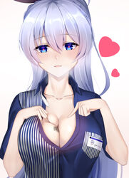  absurdres azur_lane barcode barcode_tattoo blue_eyes blue_shirt blush braid breasts character_name chinese_commentary cleavage collarbone collared_shirt commentary_request employee_uniform eternity_(shadeh) female french_braid gradient_background hair_between_eyes hair_ribbon hand_on_own_chest heart heart-shaped_pupils highres large_breasts lawson light_purple_hair long_hair looking_at_viewer name_tag official_alternate_costume open_mouth pointing pointing_at_self ribbon rodney_(azur_lane) rodney_(one_day_as_a_trainee_clerk)_(azur_lane) shirt sidelocks simple_background smile solo sweat symbol-shaped_pupils tattoo uniform upper_body very_long_hair 