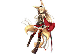  animal_ears blonde_hair boots foxgirl green_eyes haik original photoshop skirt sword tail weapon white 