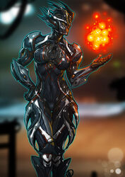  armor bodysuit breasts commentary covered_nipples ember_(warframe) english_commentary female fire ganassa hand_on_own_hip highres medium_breasts metal_skin no_eyes photoshop_(medium) power_armor pyrokinesis science_fiction shiny_skin solo thigh_gap warframe 