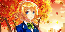  autumn ayase_eri blonde_hair blue_eyes bow leaves love_live!_school_idol_project ponytail seifuku short_hair tree zonana 