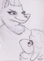  absurd_res anthro betty_(weaver) bovid canid canine canis caprine clothed clothing disney domestic_sheep duo famished_(artist) female fur grin hi_res looking_down looking_up male mammal pack_street remmy_cormo sheep signature size_difference smile text traditional_media_(artwork) wolf wool_(fur) zootopia 