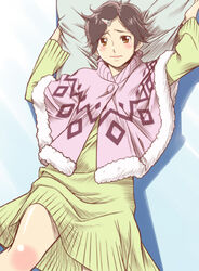  arms_up bad_id bad_pixiv_id bed blush female hourou_musuko lying pillow poncho sawa_jaaji solo sweater takatsuki_yoshino 