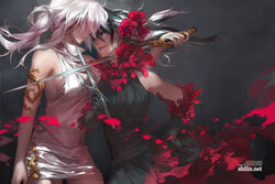  2girls armlet artist_name at_knifepoint black_eyes black_gloves black_hair blackbird breasts carciphona commentary elbow_gloves english_commentary face-to-face flower gloves hair_flower hair_ornament hair_over_eyes hand_on_own_hip highres lips long_hair medium_breasts mexican_standoff multicolored_hair multiple_girls parted_lips ponytail reverse_grip shilin sideboob silver_hair simple_background smile smirk sword veloce_visrin watermark weapon web_address white_hair 