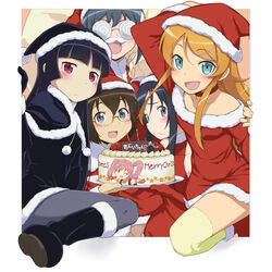  5girls :&lt; aqua_eyes aragaki_ayase black_hair black_pantyhose black_santa_costume blue_eyes blush brown_hair cake christmas coke-bottle_glasses commentary_request facial_hair food fourth_wall glasses gokou_ruri hat hoshikuzu_witch_meruru kanna_asuke kousaka_kirino long_hair makishima_saori meruru_(oreimo) mole mole_under_eye moustache multiple_girls oerba_yun_fang open_mouth orange_hair ore_no_imouto_ga_konna_ni_kawaii_wake_ga_nai pantyhose red_eyes santa_costume santa_hat seikan_hikou short_hair tamura_manami thighhighs yellow_thighhighs 