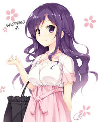  alternate_hairstyle bag blush braid breasts collarbone dress female floral_background gochuumon_wa_usagi_desu_ka? gochuumon_wa_usagi_desuka? half_updo handbag hard_translated large_breasts long_hair looking_at_viewer purple_eyes purple_hair senji_(tegone_spike) smile solo tedeza_rize translated 