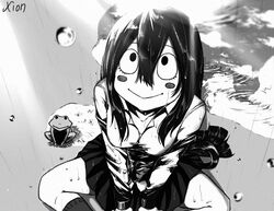  :&gt; animal artist_name asui_tsuyu blurry blush_stickers boku_no_hero_academia breasts closed_mouth collarbone commentary depth_of_field eyelashes female frog from_above greyscale hair_between_eyes hair_rings kneehighs korean_commentary long_hair long_sleeves looking_at_viewer looking_up low-tied_long_hair medium_breasts mixed-language_commentary monochrome pleated_skirt puddle rain sanpaku shadow signature sitting skirt sleeve_cuffs smile socks straight_hair water_drop wet wet_clothes xion_(pulilulu) 