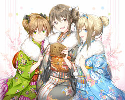  3girls alternate_costume alternate_hairstyle blonde_hair blue_eyes blue_kimono blush bow breasts brown_eyes brown_hair cherry_blossoms closed_mouth commentary_request creator_connection double_bun floral_background floral_print fur-trimmed_kimono fur_trim girls&#039;_frontline green_eyes green_kimono grey_kimono hair_between_eyes hair_bun hair_ornament hair_ribbon hairband hairbow hairclip holding japanese_clothes k2_(girls&#039;_frontline) kimono long_hair looking_at_viewer medium_breasts multiple_girls obi open_mouth phino rfb_(girls&#039;_frontline) ribbon sash sidelocks sitting smile snowflake_hair_ornament suomi_(girls&#039;_frontline) tareme 