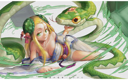  animal blonde_hair breasts chelonia cleavage green_eyes headdress japanese_clothes long_hair meimei_(p&amp;d) no_bra puzzle_&amp;_dragons snake 