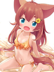  :d animal_ears antenna_hair bare_arms bare_legs bare_shoulders barefoot bikini blue_eyes blush bow bow_bikini breasts brown_hair collarbone commentary dog_ears dog_girl dog_tail fangs female flower hair_between_eyes hair_flower hair_ornament hairclip head_tilt highres long_hair looking_at_viewer makuran momiji_(makuran) navel open_mouth orange_bikini orange_bow original polka_dot polka_dot_bikini shallow_water short_eyebrows side-tie_bikini_bottom sitting small_breasts smile solo swimsuit tail thick_eyebrows very_long_hair wariza water wet wet_hair x_hair_ornament yellow_flower 