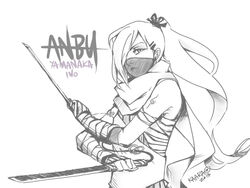  2013 anbu artist_name bandage character_name dual_wielding female greyscale hair_ornament hair_over_one_eye hairclip ino_yamanaka kaara long_hair looking_at_viewer mask monochrome naruto ninja ponytail scarf solo sword tattoo very_long_hair weapon 