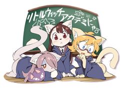  3girls akko_kagari blonde_hair blue_eyes brown_eyes brown_hair feline glasses little_witch_academia long_hair lotte_yanson multiple_girls pink_hair red_eyes sucy_manbabalan ukan_muri 