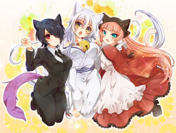  3girls animal_ears apron bell black_hair blush business_suit cat_ears cat_tail commentary_request dog_ears dog_tail formal fox_ears genderswap_(mtf) girl_sandwich green_eyes gugure!_kokkuri-san hair_over_one_eye inugami_(gugukoku) japanese_clothes kimono kokkuri-san_(gugukoku) long_hair multiple_girls necktie open_mouth pink_hair red_eyes rule_63 sandwiched short_hair slit_pupils sudden4-orz suit tail tama_(gugukoku) white_hair yellow_eyes 