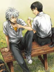  2boys a10 black_hair brown_hair commentary_request eating ikari_shinji looking_at_another looking_back male_focus multiple_boys nagisa_kaworu neon_genesis_evangelion pants profile realistic red_eyes shirt short_hair sitting smile tegaki white_hair 