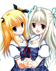  2girls :d blonde_hair blue_eyes blush breast_press breasts cleavage collarbone commentary_request da_capo da_capo_iii hair_intakes hair_ribbon highres holding_hands interlocked_fingers kaede_tooru long_hair medium_breasts morizono_rikka multiple_girls open_mouth red_eyes ribbon school_uniform serafuku short_sleeves smile symmetrical_docking two_side_up white_background white_hair yoshino_charles 