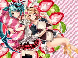  2girls aqua_hair bad_id bad_pixiv_id blonde_hair bracelet candy commentary_request food green_eyes grin hair_ornament hair_ribbon hairclip hatsune_miku highres jewelry kagamine_rin lollipop long_hair memai multiple_girls photoshop_(medium) ribbon short_hair skirt smile swirl_lollipop thighhighs very_long_hair vocaloid 