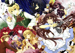  3girls 6+boys :&lt; ace_(playing_card) ace_of_hearts ada_vessalius alice_(alice_in_wonderland) alice_(alice_in_wonderland)_(cosplay) alice_(pandora_hearts) alice_in_wonderland animal_ears blonde_hair bow brown_eyes brown_hair card chain_(pandora_hearts) charlotte_(pandora_hearts) checkered_bow checkered_clothes cheshire_cat_(alice_in_wonderland) cheshire_cat_(alice_in_wonderland)_(cosplay) cheshire_cat_(pandora_hearts) commentary_request cosplay cup dormouse_(pandora_hearts) dress echo_(pandora_hearts) eight_of_diamonds_(playing_card) elliot_nightray emily_(pandora_hearts) feathers five_of_hearts floating_card flower gilbert_nightray glasses green_eyes gun hair_over_one_eye hairbow hat heart highres jack_(playing_card) jack_of_hearts jack_of_spades jack_vessalius king_(playing_card) king_of_spades lampnote17 leo_(pandora_hearts) leon_(pandora_hearts) lily_(pandora_hearts) long_hair mad_hatter_(alice_in_wonderland) mad_hatter_(alice_in_wonderland)_(cosplay) march_hare_(alice_in_wonderland) march_hare_(alice_in_wonderland)_(cosplay) multiple_boys multiple_girls oerba_yun_fang oswald_baskerville oz_vessalius pandora_hearts playing_card ponytail purple_eyes queen_(playing_card) queen_of_clubs rabbit_ears red_eyes red_flower red_rose reim_lunettes rose rufus_barma saucer seven_of_clubs seven_of_spades sharon_rainsworth short_hair six_of_diamonds tea teacup teapot ten_of_diamonds three_of_clubs three_of_diamonds top_hat two_of_diamonds vincent_nightray weapon white_hair white_rabbit_(alice_in_wonderland) white_rabbit_(alice_in_wonderland)_(cosplay) will_of_the_abyss xerxes_break yellow_eyes 