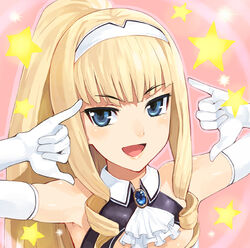  :d arms_up bad_id bad_pixiv_id blonde_hair blue_eyes dream_c_club dream_c_club_(series) dream_c_club_zero drill_hair elbow_gloves female gloves hairband haruka_(dream_c_club) haruno_shuu open_mouth ponytail smile solo star_(symbol) 