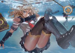  blonde_hair blue_eyes book boots danann elbow_gloves garen gloves headband league_of_legends luxanna_crownguard mermaid nami_(league_of_legends) panties seifuku skirt staff thighhighs underwater underwear wand water watermark 