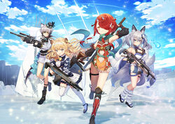  4girls ak-47 animal_ear_fluff animal_ears apex_legends armpits assault_rifle bell belt black_footwear black_hair black_legwear black_nails black_shirt blonde_hair blue_eyes blue_footwear blue_jacket blue_nails boots bow breasts cape cat_ears cat_girl cat_tail cleavage cleavage_cutout clothing_cutout cloud commentary_request concrete detached_sleeves dress dual_wielding earrings epaulettes eyeliner finger_on_trigger fingerless_gloves floral_print flower fox_ears fox_girl fox_mask fox_tail frilled_dress frills fur_trim gathers gloves gradient_hair grey_eyes grey_hair gun hair_between_eyes hair_intakes hair_ornament hair_over_one_eye hair_ribbon hairband hakama hakama_short_skirt hakama_skirt hat hat_feather hat_flower hip_vent hitodama holding holding_gun holding_sword holding_weapon hoozuki_warabe horns inari_iroha jacket japanese_clothes jewelry jika-tabi jingle_bell kalashnikov_rifle kunai large_breasts leg_warmers legwear_garter lion_ears lion_girl lion_tail long_hair looking_at_viewer makeup mask mini_hat mini_top_hat monocle multicolored_hair multicolored_nails multiple_girls multiple_tails navel navel_cutout nekozeno_shin nontraditional_miko noripro obi official_art okanoyuno okobo omamori oni oni_horns open_mouth outdoors pelvic_curtain pointy_ears pom_pom_(clothes) r-301_carbine red_hair regrush_lionheart ribbon rifle sandals sash scarf sentinel_esr shin_guards shirt short_hair short_hair_with_long_locks shorts sidelocks skirt sky skyline slit_pupils smile socks sword tabi tail tail_bell tail_ornament tail_ribbon thigh_strap thighhighs top_hat tsurime twintails v-shaped_eyebrows virtual_youtuber vk-47_flatline wavy_hair weapon white_dress white_jacket white_legwear white_nails white_shorts wide_sleeves yellow_eyes 