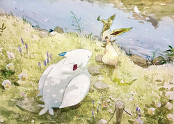  brown_eyes closed_eyes commentary_request day flower grass highres kamonabe_(kamonabeekon) leafeon no_humans outdoors painting_(medium) pokemon pokemon_(creature) reflection rock togekiss traditional_media water watercolor_(medium) white_flower 