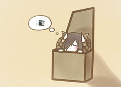  august_von_parseval_(azur_lane) azur_lane ballot black_hair box chibi closed_eyes curled_horns female hair_over_one_eye horns in_box in_container koti long_hair mechanical_horns shadow simple_background solo thought_bubble yellow_background 