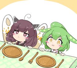  2girls blush_stickers brown_eyes brown_hair closed_mouth commentary fork green_hair headgear kiritanpo_(food) multiple_girls open_mouth plate short_hair sparkle spoon tail tatutaniyuuto touhoku_kiritan voiceroid voicevox yellow_eyes zundamon 