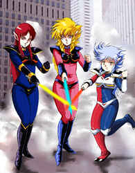  1980s_(style) 3girls armor black_armor blonde_hair blue_bodysuit blue_hair bodysuit boots breasts brown_eyes drill_hair drill_sidelocks elf energy_sword gloves holding iczer-1 iczer-2 iczer-3 iczer_(series) iczer_densetsu knee_boots long_hair looking_at_viewer multiple_girls open_mouth pink_bodysuit pointy_ears red_eyes red_hair retro_artstyle rx92 sidelocks smile sword tatakae!!_iczer-1 weapon white_hair 