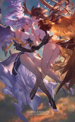  2girls absurdres angel_wings ass azrael_(granblue_fantasy) breasts brown_eyes brown_hair closed_eyes closed_mouth feathered_wings floating floating_hair floating_object gauntlets granblue_fantasy high_heels highres holding_hands israfel_(granblue_fantasy) legs leotard long_hair multiple_girls purple_hair sky smile sunlight swd3e2 very_long_hair white_footwear white_hair white_leotard wings yellow_eyes 