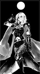  blood breasts bustier byleth_(female)_(fire_emblem) byleth_(fire_emblem) cleavage closed_mouth coat female fire_emblem fire_emblem:_three_houses fire_emblem_warriors:_three_hopes greyscale hair_ornament highres large_breasts long_hair looking_at_viewer monochrome moon navel pantyhose shorts simple_background solo sword tofucakes weapon 