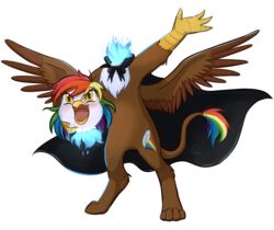  2020 alpha_channel avian blue_fire brown_body cape clothing colored_fire detachable detachable_head dullahan european_mythology fan_character female feral fire flaming_neck foxhatarts gesture gryphon hair happy hasbro holding_head irish_mythology looking_at_viewer modular multicolored_hair my_little_pony mythological_avian mythological_creature mythology on_hind_legs open_mouth rainbow_hair signature simple_background solo spread_wings transparent_background waving wings yellow_eyes 