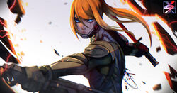  action battle blonde_hair blue_eyes commentary cosplay cyborg electricity female furrowed_brow hf_murasama highres katana long_hair metal_gear_(series) metal_gear_rising:_revengeance metroid name_connection ponytail pun samuel_rodrigues samuel_rodrigues_(cosplay) samus_aran scar scar_across_eye sword weapon xuuikie_ashe 