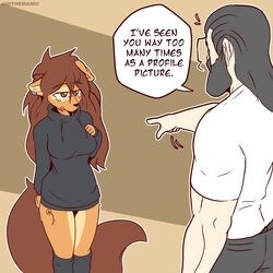  1:1 2023 absurd_res anthro apogee_(tinygaypirate) artist_name breasts brown_hair canid canine canis clothed clothing clothing_cord dialogue digital_media_(artwork) domestic_dog drawstring duo english_text female female_anthro fur gesture hair hand_gesture hi_res hoodie human kemono knee_highs legwear looking_at_another male mammal pantsless piercing pointing pointing_at_another speech_bubble spitz tan_body tan_fur tattoo text the_man the_man_(character) topwear 