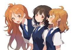  3girls :d absurdres aged_up ahoge blue_vest blunt_bangs blush hano9789 highres idolmaster idolmaster_million_live! korean_commentary looking_at_another multiple_girls nakatani_iku necktie ogami_tamaki one_side_up orange_hair school_uniform shirt short_hair short_sleeves simple_background smile summer_uniform_series_(idolmaster) suou_momoko tint_me_(idolmaster) upper_body vest wavy_hair white_background white_shirt 